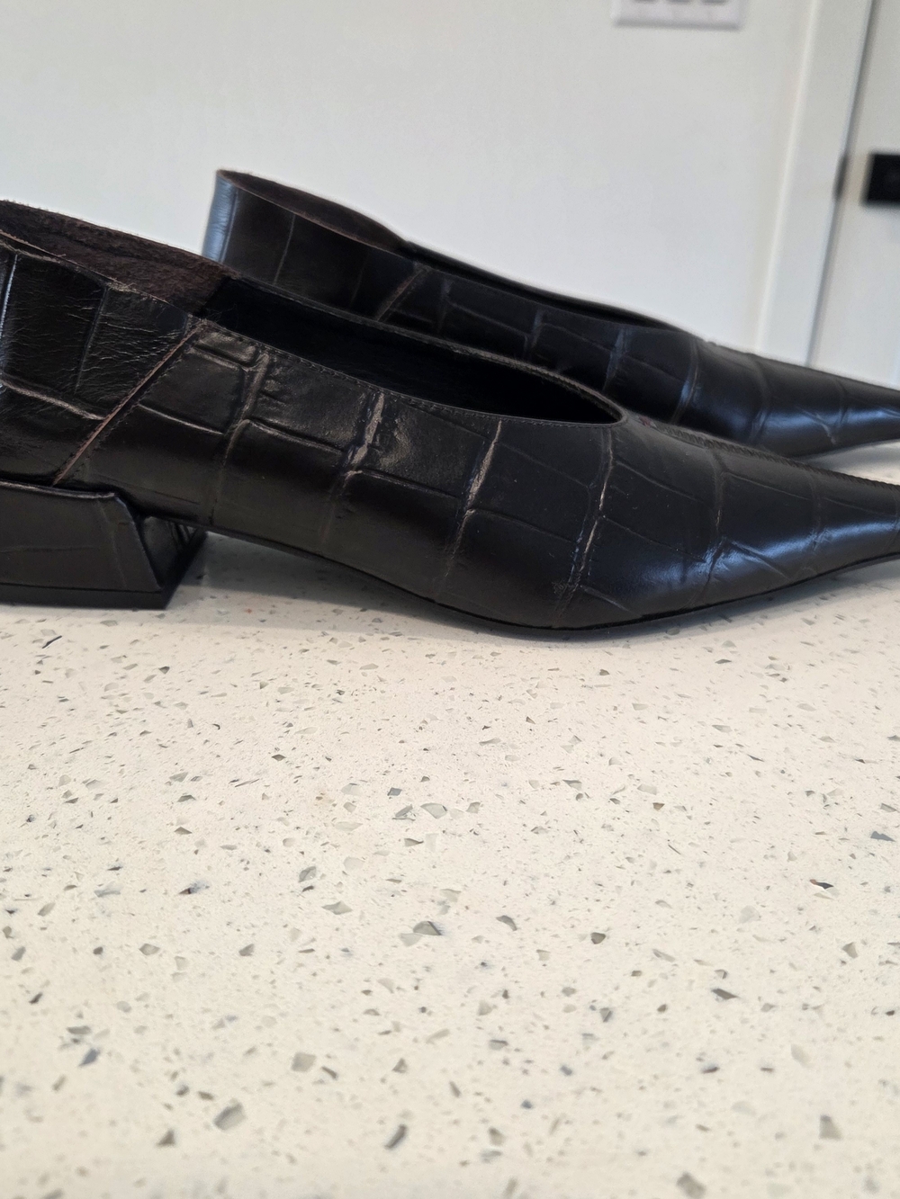 Black Croc-Embossed Pointed Toe Leather Flats - Picture 13 of 13